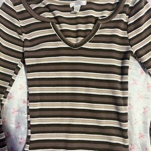Brandy Melville Brown and Cream Striped Long Sleeve Top